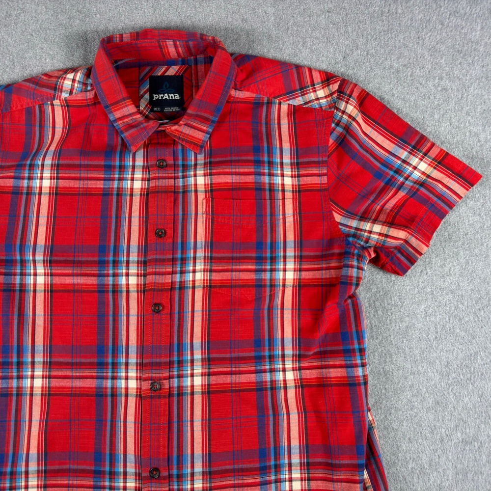 Prana Benton Shirt M Red Plaid Short Sleeve Button Down Organic Cotton